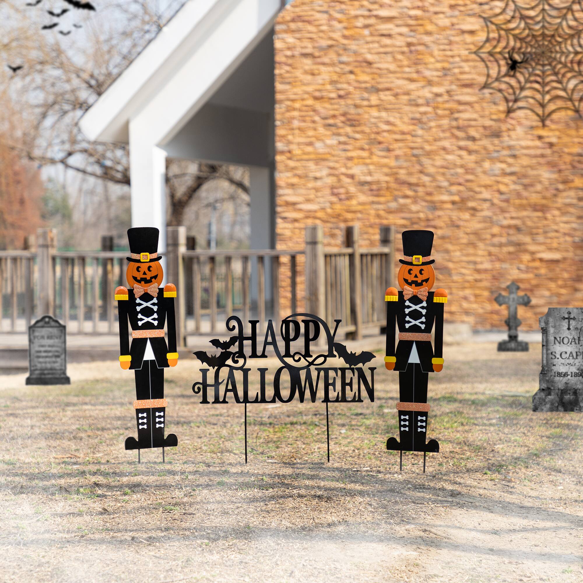 Glitzhome® 32"H Halloween Metal Nutcracker and HAPPY HALLOWEEN Yard Stake Set